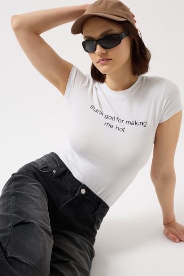 Baskılı Likralı Crop T-Shirt resmi